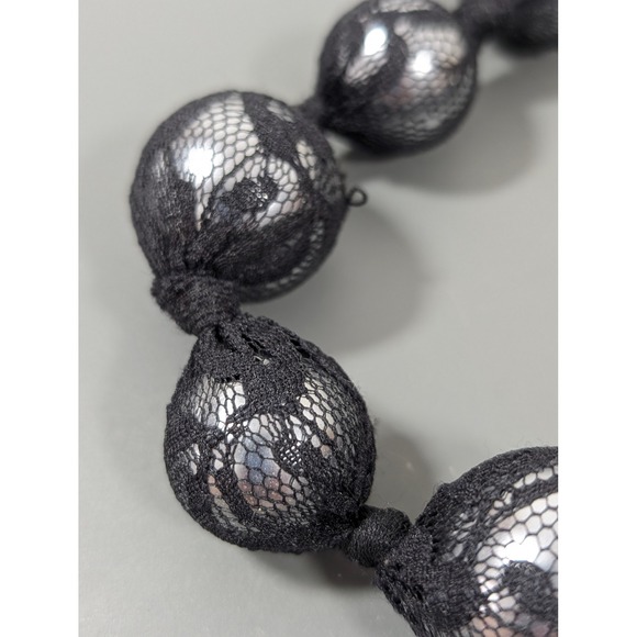 Gray Glass Faux Pearl Necklace Black Lace Tie Back Gothic Romantic Statement 26" - Picture 5 of 10